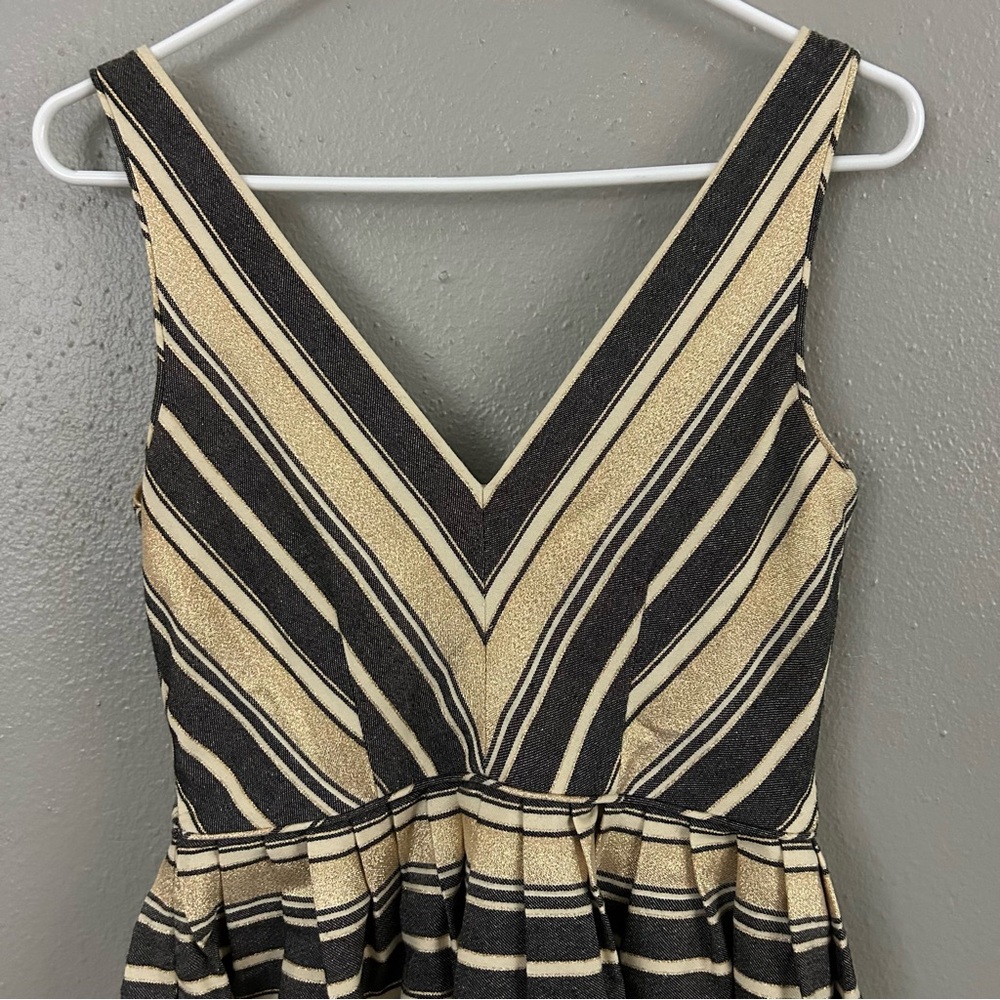 J. Crew Metallic Gold Striped Fit & Flare Mini Dress Size 2 Cocktail Party Glam - Picture 8 of 13